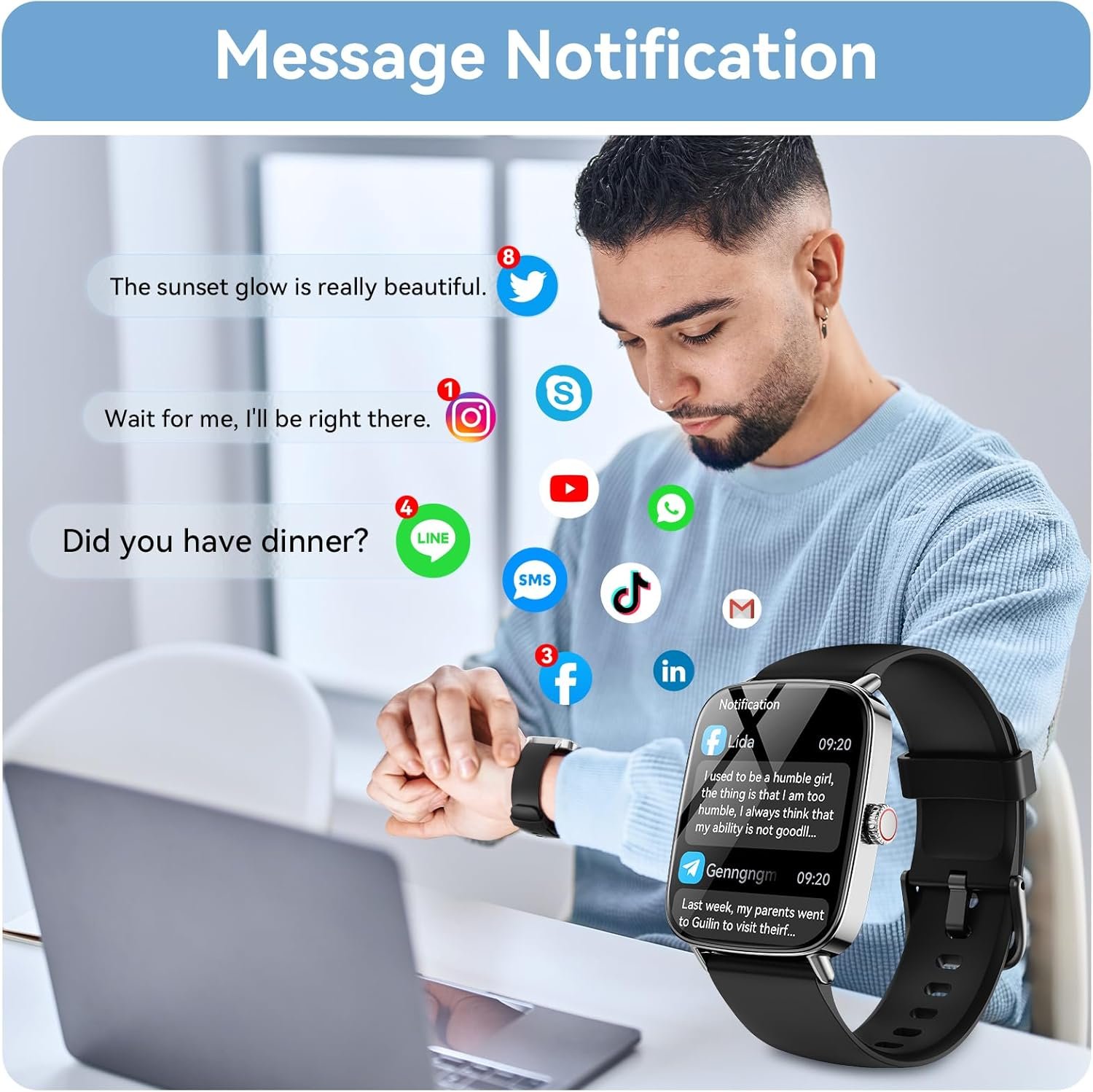 Smart Watch for Women Men, 1.85" HD Dynamic Dial Smartwatch for Android & iPhone with Answer/Make Call, Fitness Tracker with 110+ Sport Modes, Heart Rate/SpO2/Sleep Monitor, IP68 Waterproof (2 Bands) - Image 2