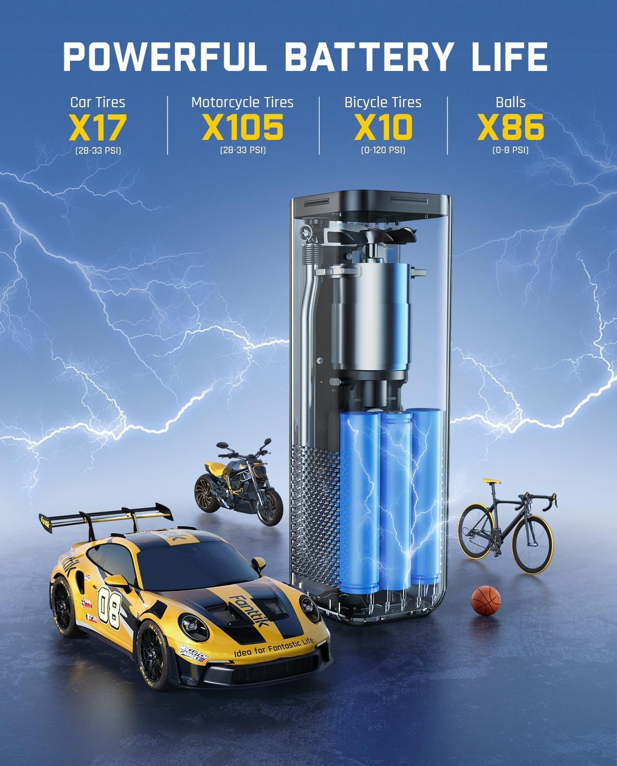 Fanttik X8 APEX Tire Inflator Portable Air Compressor, 1 Min Fast Inflation, 150PSI Cordless Tire Inflator with LED Dual Screen, Suitable for MPV, Car, Bike, Motorcycle, Up to 26.3″ Tires - Image 3