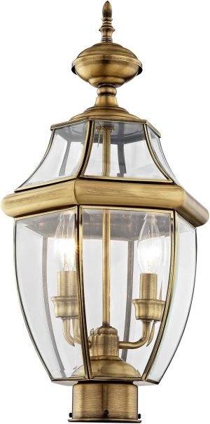 Livex Lighting 2254-01 Monterey 2 Light Outdoor Antique Brass Finish Solid Brass Post Head with Clear Beveled Glass