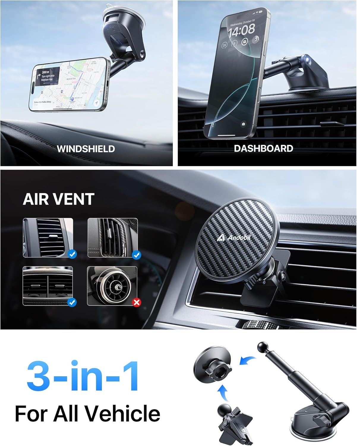 【True Military-Grade】andobil 3 in1 Magnetic Phone Holder for Car Dashboard Windshield Vent 【Upgrade Suction & Strongest Magnet】Retractable for MagSafe Car Mount for iPhone 17 16 15 14 Pro Max Sumsung - Image 5