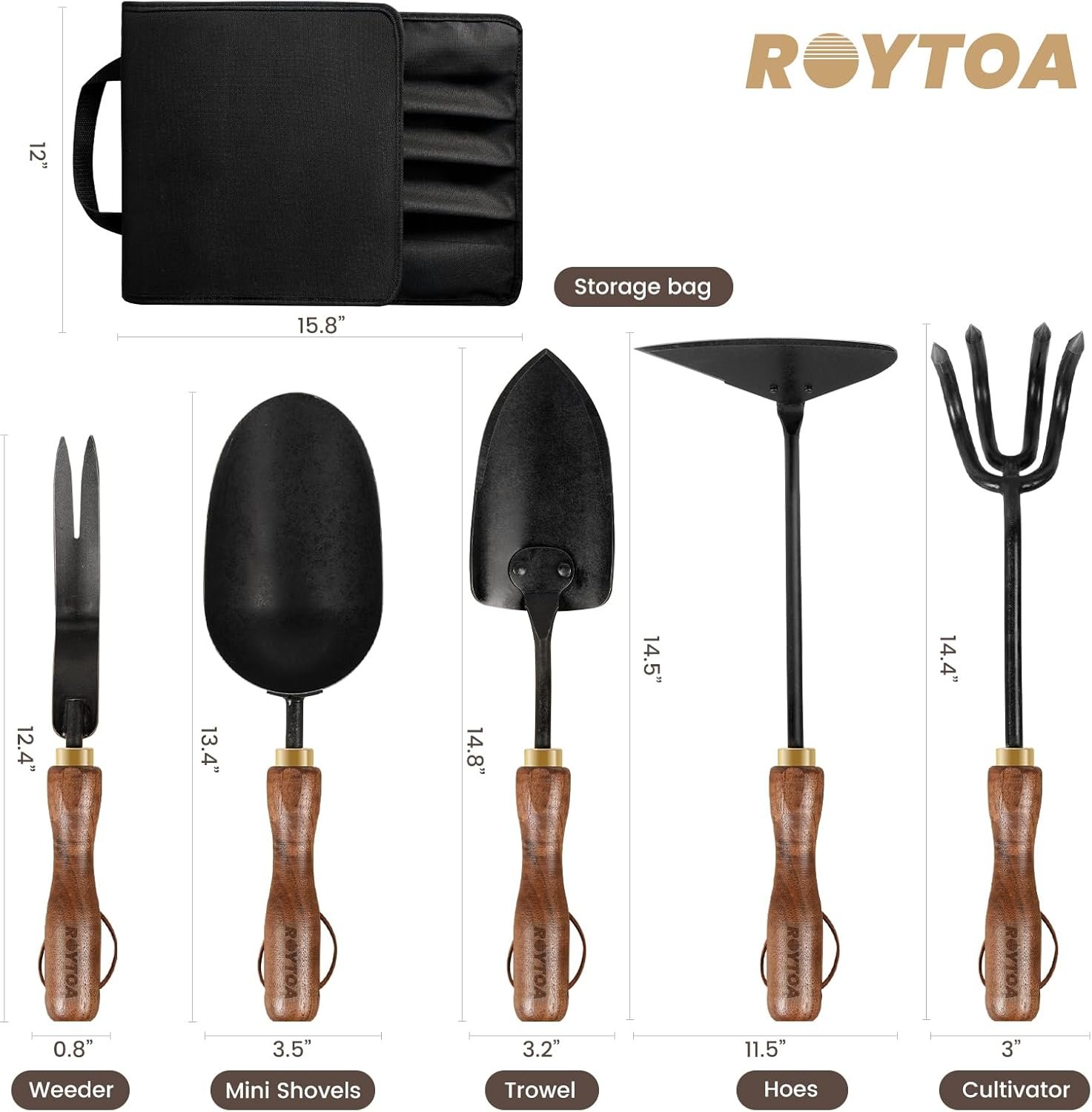 Garden Tool Set, 5PCS Gardening Tools, Stainless Steel Heavy Duty Hand Cultivator, Hoes, Shovel, Trowel and Weeder with Ergonomic Walnut Handle, Gardening Gifts for Women - Image 2