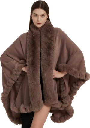 Faux Fox Fur Trim Cardigan Cloak Shawl Wraps Winter Poncho Oversized Cape