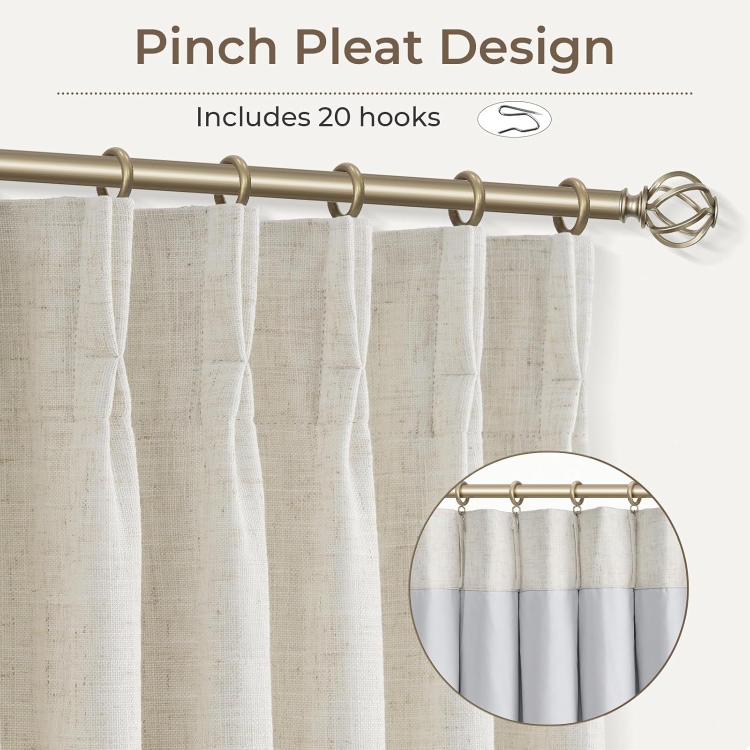 Pinch Pleated Blackout Curtains 96 Inches Long, Linen Blend, 100% Blackout Drapes with 20 Hooks, Ideal for Bedroom and Living Room, 40" W x 96" L (Pack of 2), Natural - Image 2