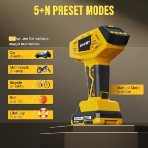 Upgraded Tire Inflator Portable Air Compressor, 160PSI Cordless Air Pump with 20V Rechargeable Battery, 2X Faster Inflation, Digital Pressure Gauge for Car, Motorcycle, E-Bike & Balls (Yellow)