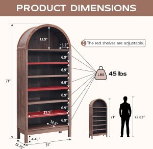 71″ Tall Arched Bookshelf, 7 Tiers Arch Bookcase with Storage, Modern Farmhouse Book Shelf with Adjustable Shelves, Wood Bookshelf w/Open Display Shelves for Living Room, Office (Brown)