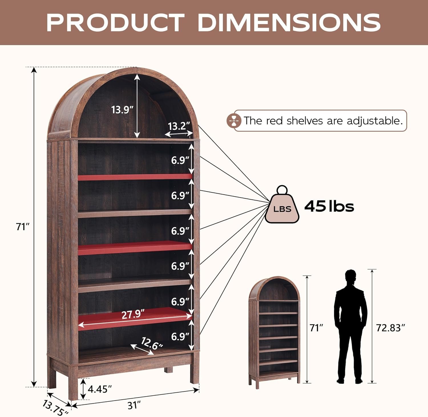 71" Tall Arched Bookshelf, 7 Tiers Arch Bookcase with Storage, Modern Farmhouse Book Shelf with Adjustable Shelves, Wood Bookshelf w/Open Display Shelves for Living Room, Office (Brown) - Image 2