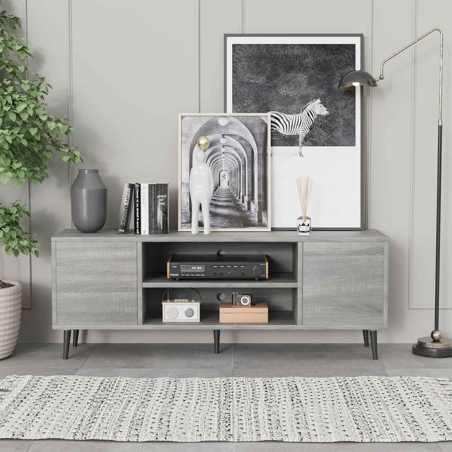 JUMMICO TV Stand for 65 Inch TV, Mid Century Modern TV Stand, Entertainment Center with Storage Cabinet and Open Shelves, TV Console Table Media Cabinet for Living Room, and Bedroom (Light Gray) - Image 2