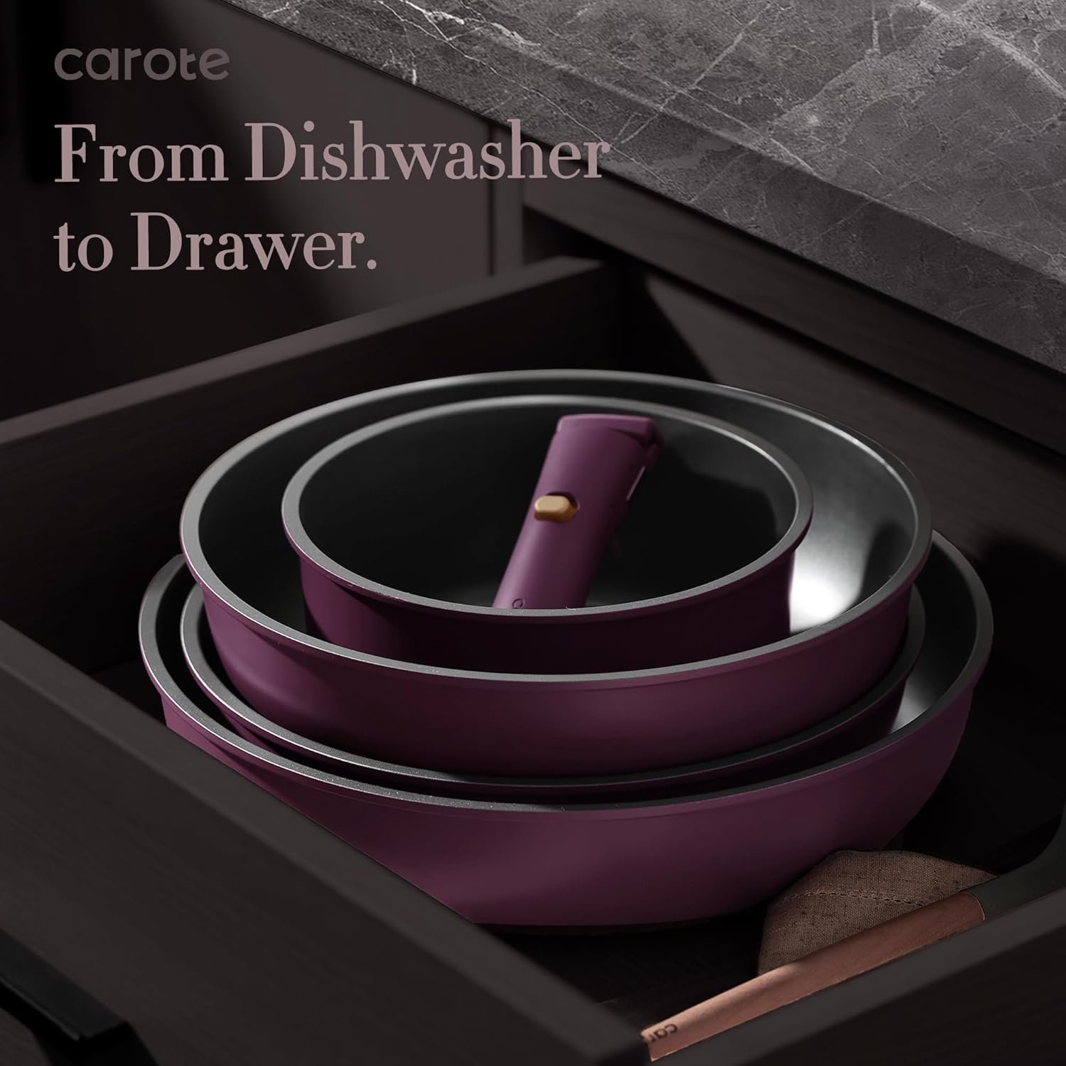 CAROTE 21pcs Pots and Pans Set, Nonstick Cookware Set Detachable Handle, Induction Kitchen Cookware Sets Non Stick with Removable Handle, RV Cookware Set, Gold and Purple - Image 8