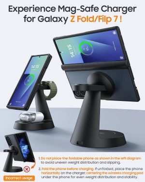 Magnetic Wireless Charger for Samsung, 3 in 1 Charging Station Compatible with MagSafe Samsung Charger for Galaxy S25 Ultra S24 Z Fold7/Flip7, Watch Charger Stand for Galaxy Watch Ultra 8 7, for Buds