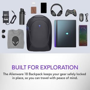 Alienware 18 Backpack – AW7825P – 28L Capacity, 3D Breathable mesh, Magnetic pocket organizers, RFID safe pocket, Weather resistant, 3D Iridescent reflective Alienware logo – Alienware Black