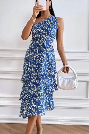 PRETTYGARDEN Women’s Summer Floral Sundress Casual One Shoulder Tiered Ruffle Flowy ...