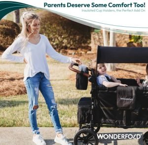 WONDERFOLD Universal Parent Console Stroller Organizer with Insulated Cup Holders, Hook & Loop Closure Handle Attachment, 2 Storage Pockets, Removable Shoulder Strap for Easy Transport