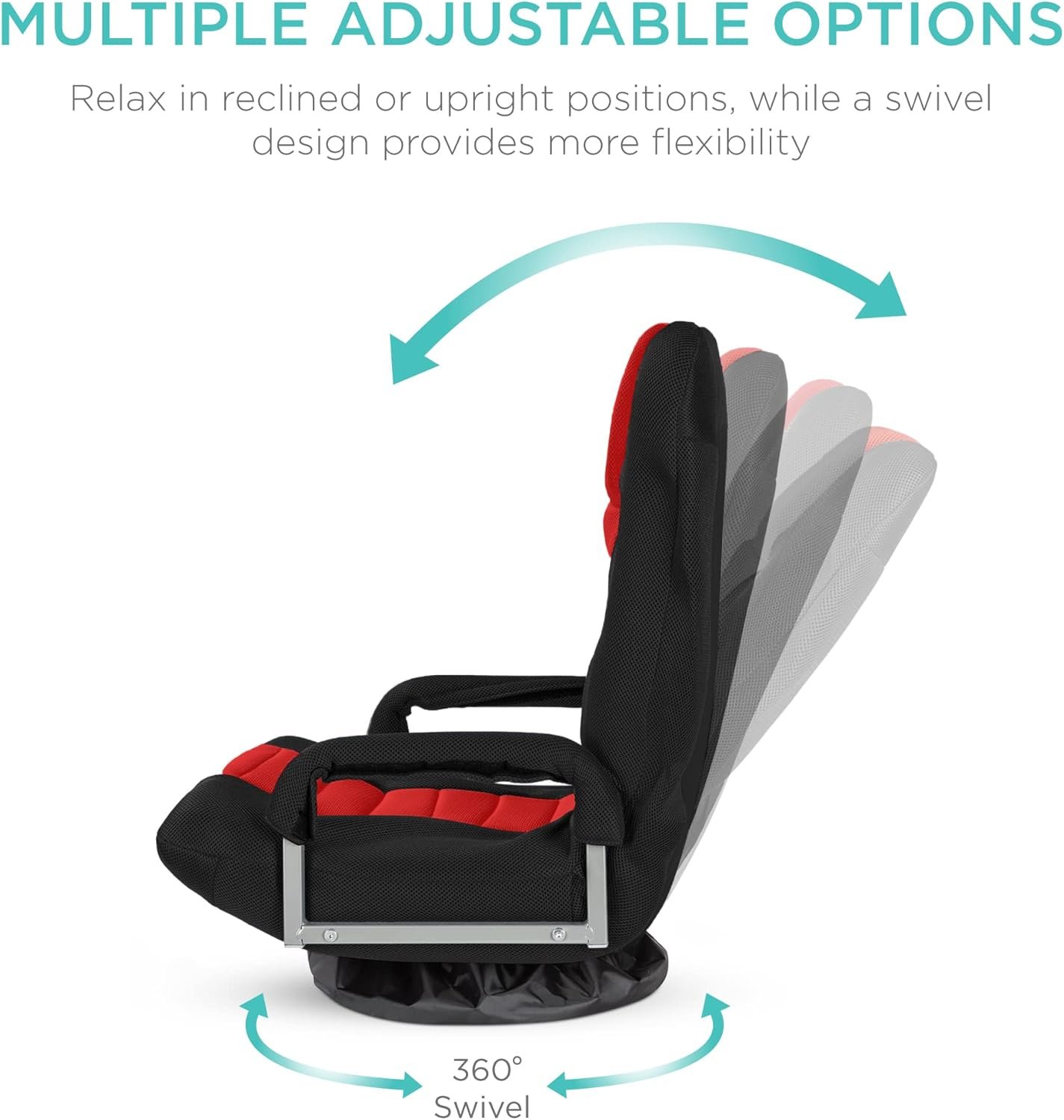 Best Choice Products Swivel Gaming Chair 360 Degree Multipurpose Floor Chair Rocker for TV, Reading, Playing Video Games w/Lumbar Support, Armrest Handles, Adjustable Foldable Backrest - Black/Red - Image 3