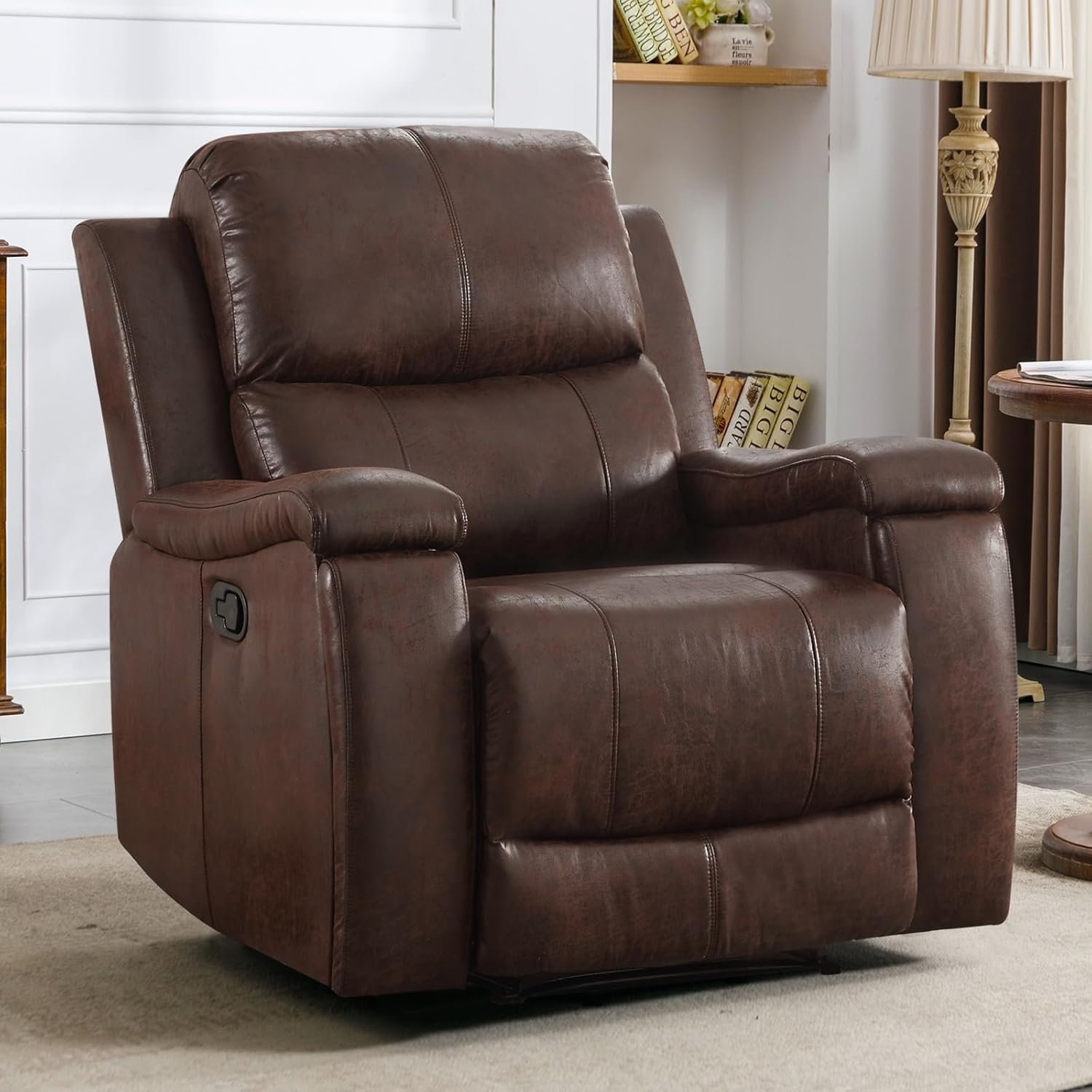 CANMOV Leather Recliner Chair, Classic and Traditional Manual Recliner Chair with Overstuffed Arms and Back, Manual Single Sofa with Concealed Cup Holders,Red Brown - Image 8