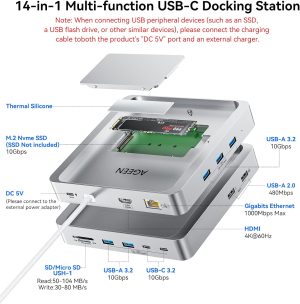 AGEEN 14-Port Upgraded 10Gbps USB Hub for iMac 24 inch 2021/2023/2024 M1/M3/M4, iMac Accessories with 5 USB-A 3.2, 2 USB-C 3.2, 4K@60Hz HDMI, Gigabit Ethernet, SD/TF, SSD Enclosure(SSD Not Included)