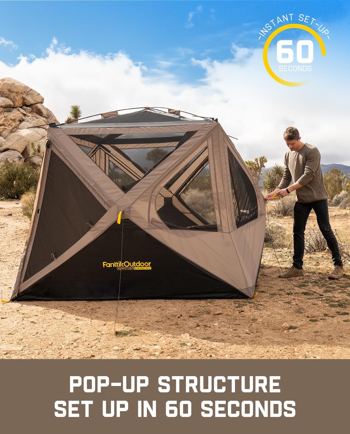 FanttikOutdoor Alpha C4 Ultra Camping Tent 4 Person Pop Up Instant Cabin Setup in 60 Seconds Portable Hub Tent with Rainfly & Windproof for Outdoor Camping & Overlanding - Image 3