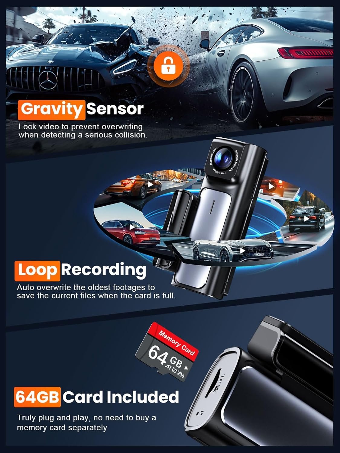 4K Dash Cam Front and Rear, Built-in 5G WiFi GPS, 64GB Card Included, 3.59'' IPS Screen Dash Camera for Cars, Dual Dashcam with G-Sensor, Loop Recording, WDR, Night Vision, 24H Parking Monitor - Image 6