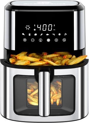 Kitchen Elite Air Fryer Stainless Steel with View Window, XL 8.5QT Large Airfryer, 8-in-1 ...