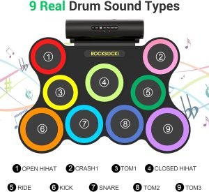 ROCKSOCKI Electric Drum Set 9-Pad With Headphone, Bigger Roll-up Drum Pad USB MIDI Game, Built-in Speaker, Drum Sticks, Foot Pedals 10 Hours Playtime Holiday Xmas Birthday Gift for Kids