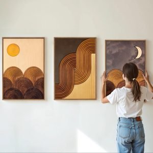 Tinonedraw Boho Mountain Framed Canvas Wall Art Set, Mid Century Modern Geometric Line Wall Decor, Bohemian Sun and Moon Art Paintings, Beige Brown Wooden Artwork for Living Room Bedroom Office 16″x24″x3