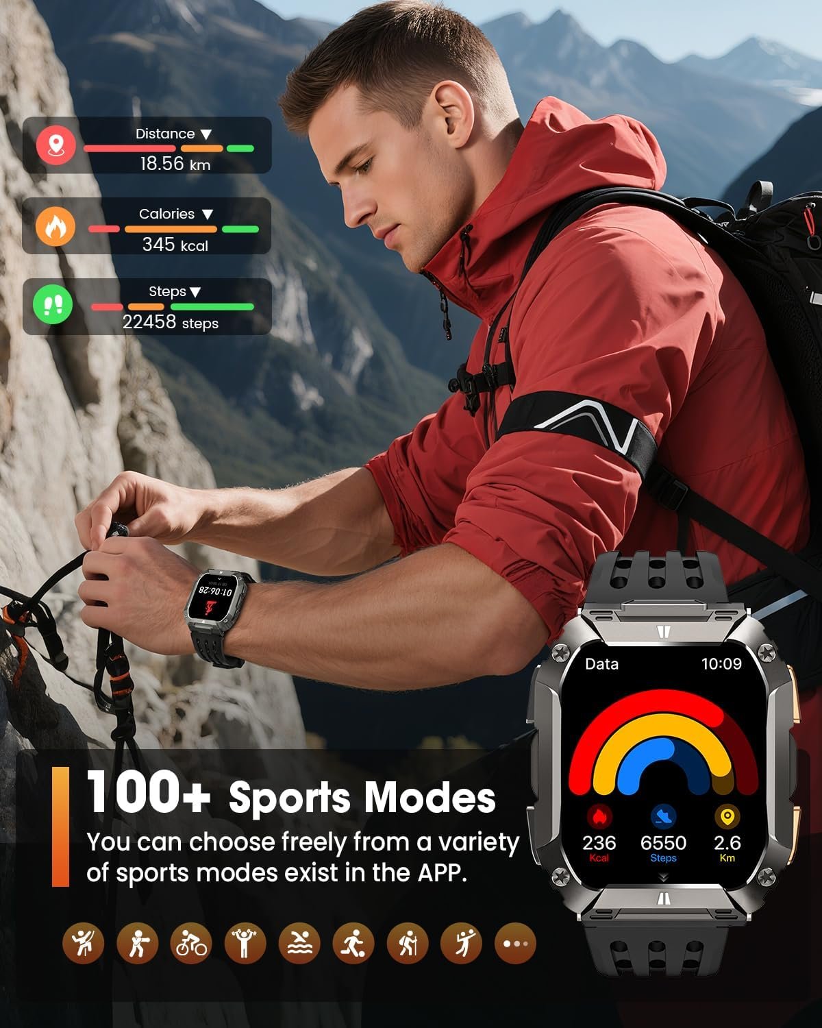 Smart Watches for Men, Military Smart Watch with 100 Days Battery/LED Flashlight, 1.95'' Fitness Watch with Heart Rate/ Sleep Monitor/100+ Sports Mode, 5 ATM Rugged Smartwatch for Android and iPhone - Image 6