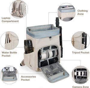 BAGSMART Camera Backpack, DSLR Camera Bag Backpacks for Photographers, Waterproof Anti-Theft Photography Backpack with 15 Inch Laptop Compartment & Tripod Holder, Ivory White