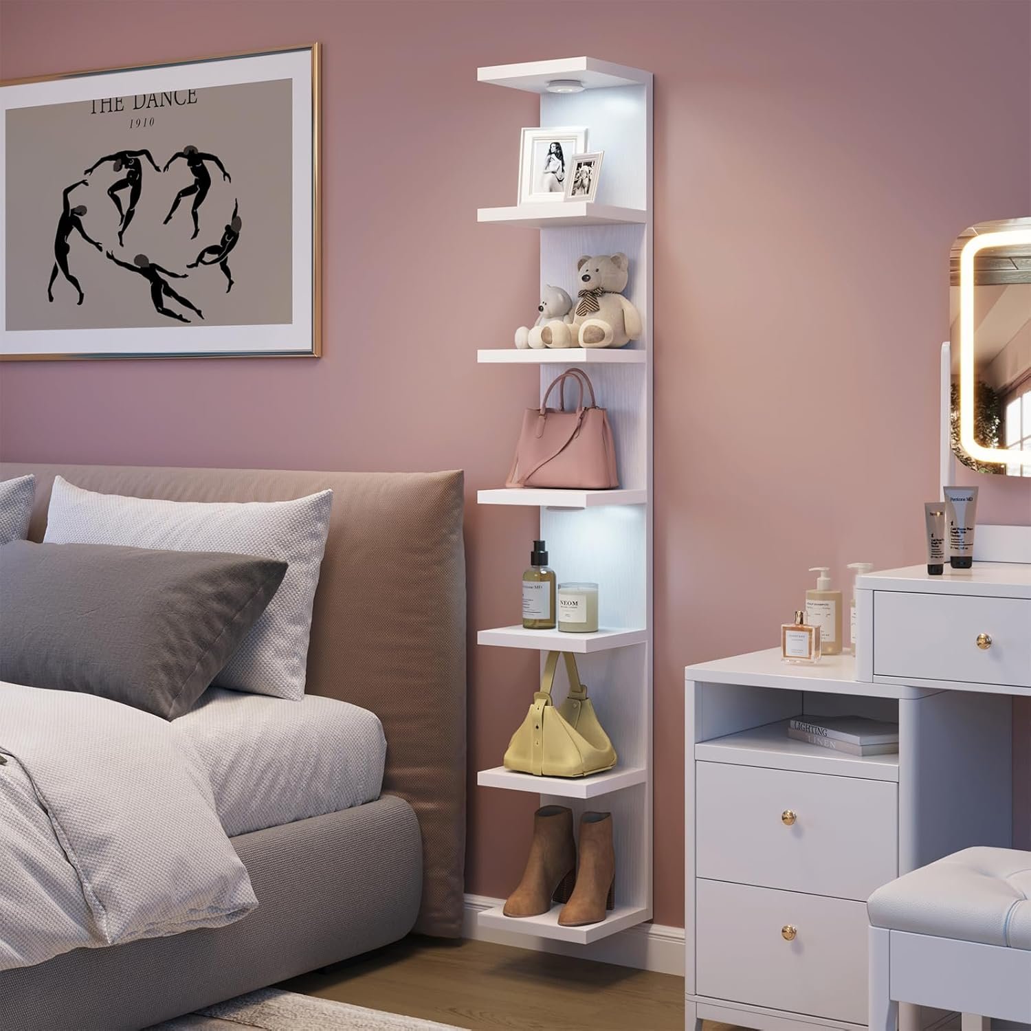 Fixwal 7 Tier Wall Mounted Shelf Unit White Floating Shelves with LED Lights Lack Wall Shelf for Home Decor Organizer Display - Image 4