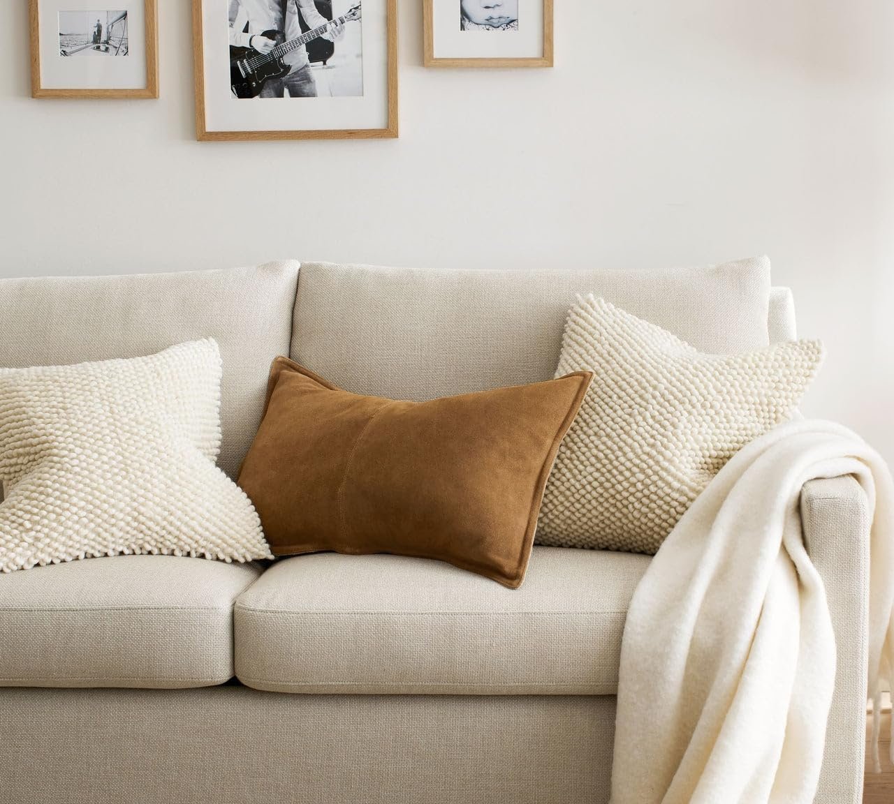 Genuine Leather Pillow Cover Case for Lumbar Throw Couch Pillows - Modern Farmhouse Decorative Sofa Thick & Soft Cushion Covers (Suede Camel, 12" x 20") - Image 3