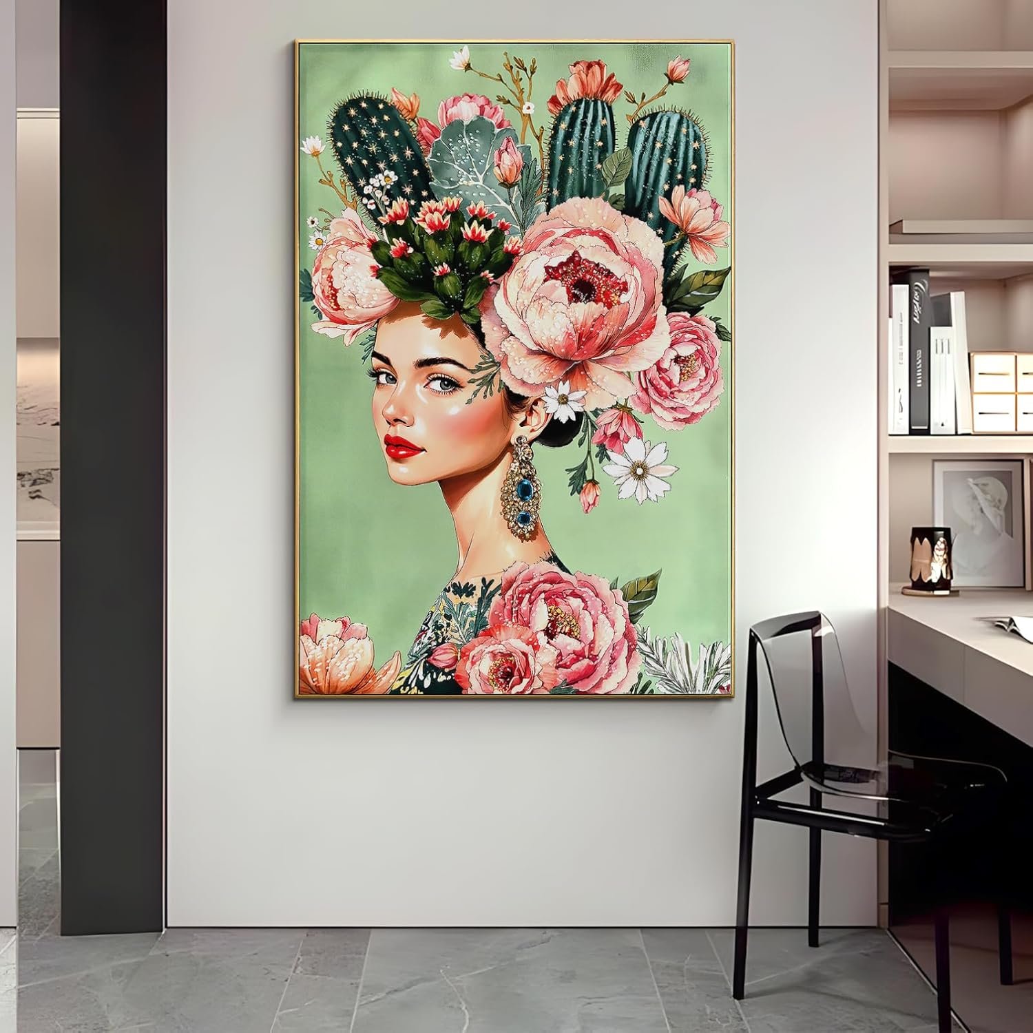 YPGEAME Large Handmade Portrait Wall Picture Woman with Cactus Headdress, Emerald Green Background, Floral Bohemian Decoration, Wooden Framed Painting for Living Room (80 × 120 cm) (Pink) - Image 7