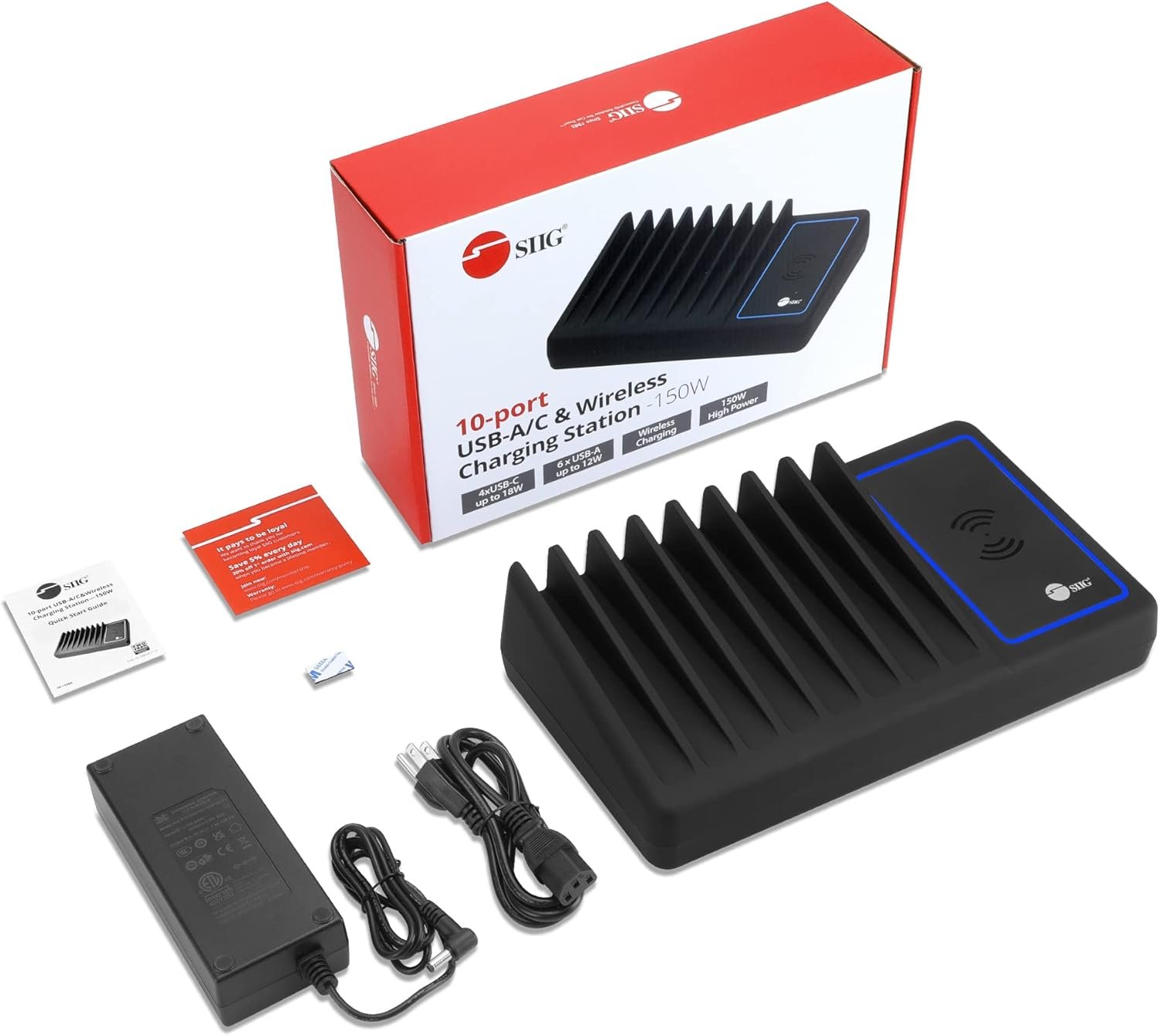 SIIG 10 Port 150W USB Charging Station with Qi Wireless Charging Deck, 6X USB-A and 4X USB-C Charging Ports, Vertical Device Organizer, Compatible with iPhones, iPads and More (AC-PW1R11-S1) - Image 7