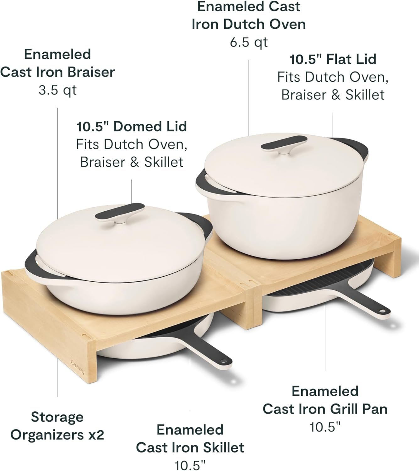 Caraway 8-Piece Enameled Cast Iron Set - 10.5” Skillet, Grill Pan, 3.5 qt Braiser Pan, 6.5 qt Dutch Oven with Lid and Organizers - Non-Toxic 3-Layer Enamel Coating - No Seasoning Required - Cream - Image 3