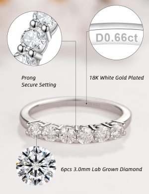 IMOLOE Lab Grown Diamond Wedding Bands for Women,0.66 Carat Ring 6 Stones Eternity Rings for Women in 18K White Gold Plated Sterling Silver Size 4-11