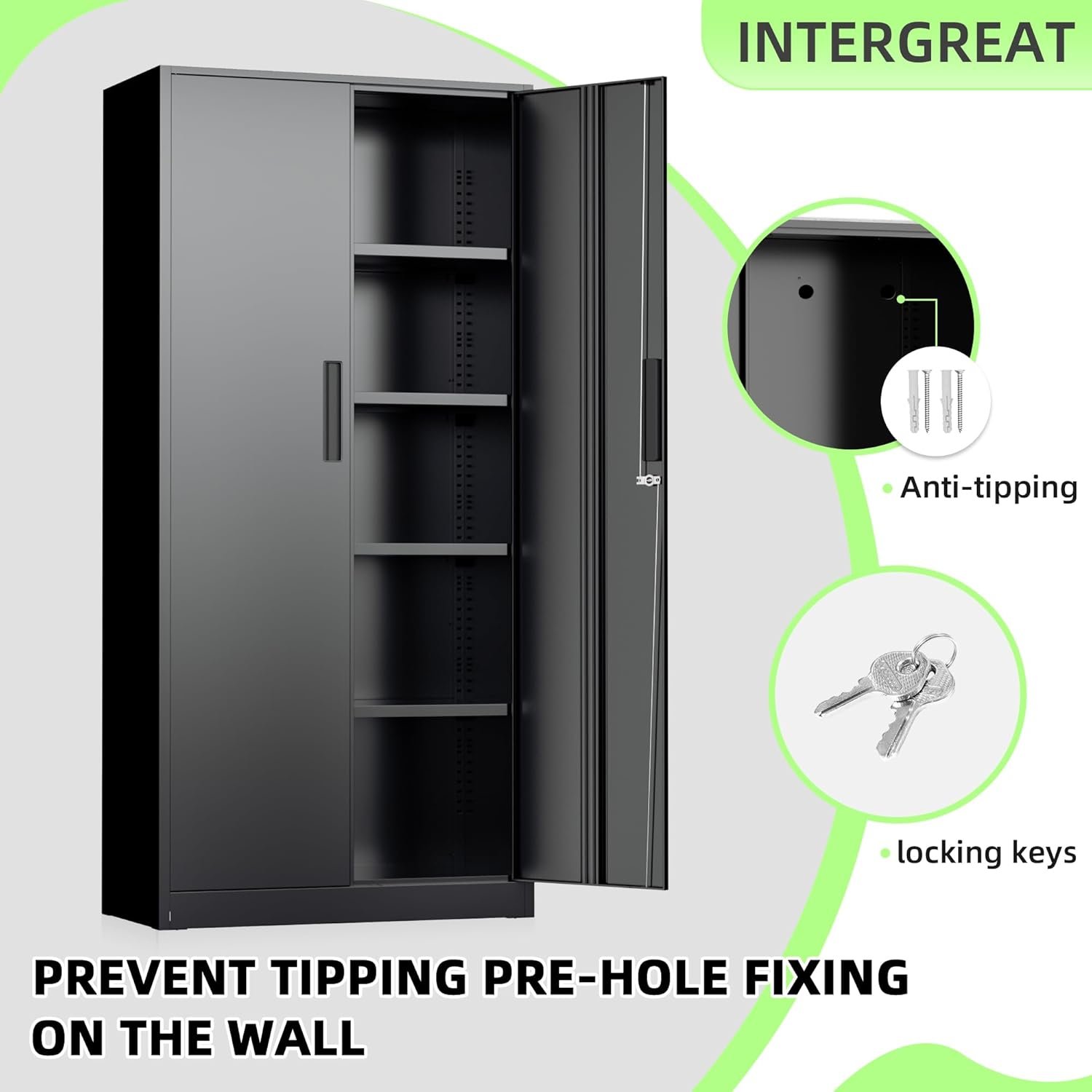INTERGREAT Black Metal Storage Cabinet, 72" Locking Steel Cabinets with 2 Door and 4 Adjustable Shelves, Tall Metal Cabinet for Home Office, Garage, Warehouse - Image 4