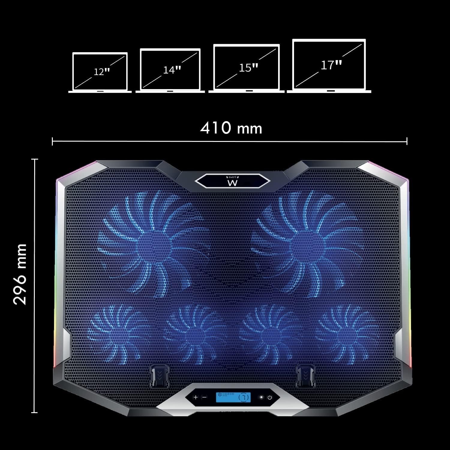 Ewent EW1260 - Laptop Stand and Fan - Quiet - 6 Adjustable Speed Fans - for Laptops up to 17" - LCD Screen - 2 USB Ports - 7 LED Lights - Ergonomic Design - Image 2
