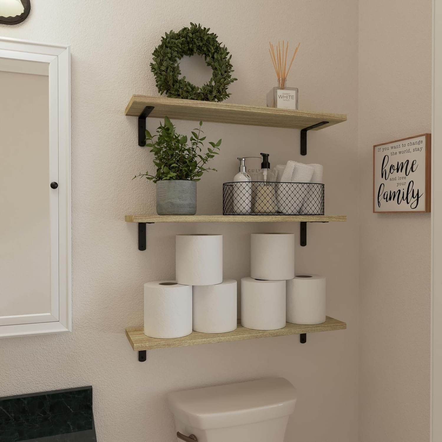 WOPITUES Wood Floating Shelves Set of 6, 24 inch Long Floating Shelves for Wall Decor, Farmhouse Shelf for Bedroom, Bathroom Storage Shelves, Book Shelves for Living Room - Rustic Brown - Image 4
