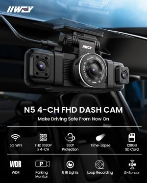 IIWEY N5 4 Channel Dash Cam 360° View, 1080P Front and Rear Inside, Left Right Dash Camer...