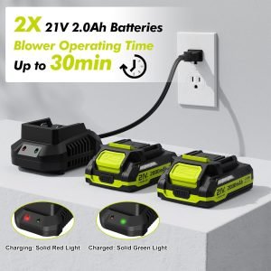 Leaf Blower Cordless – 21V Powerful Electric Leaf Blower with 2 Batteries and Charger, 2 Speed Modes, 2.0Ah Lightweight Battery Powered Leaf Blowers for Lawn Care, Patio, Dust, Blowing Leaves