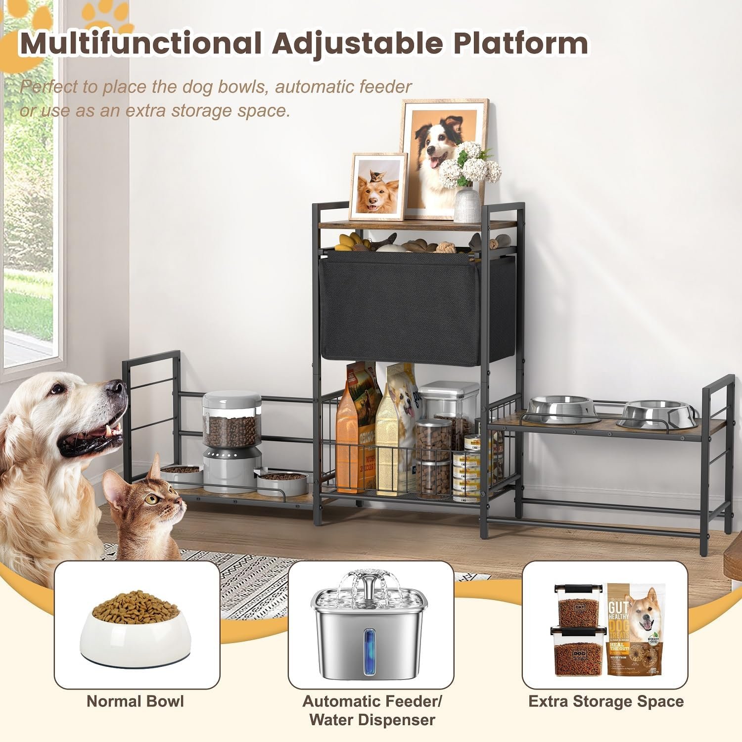 Elevated Dog Bowl Stand with 2 Feeding Stations, Adjustable Raised Feeding Station Cabinet with Toy Bin Basket, Lifted Food and Water Bowl Holder, Pet Storage Organizer for Large Medium Small Dogs - Image 5