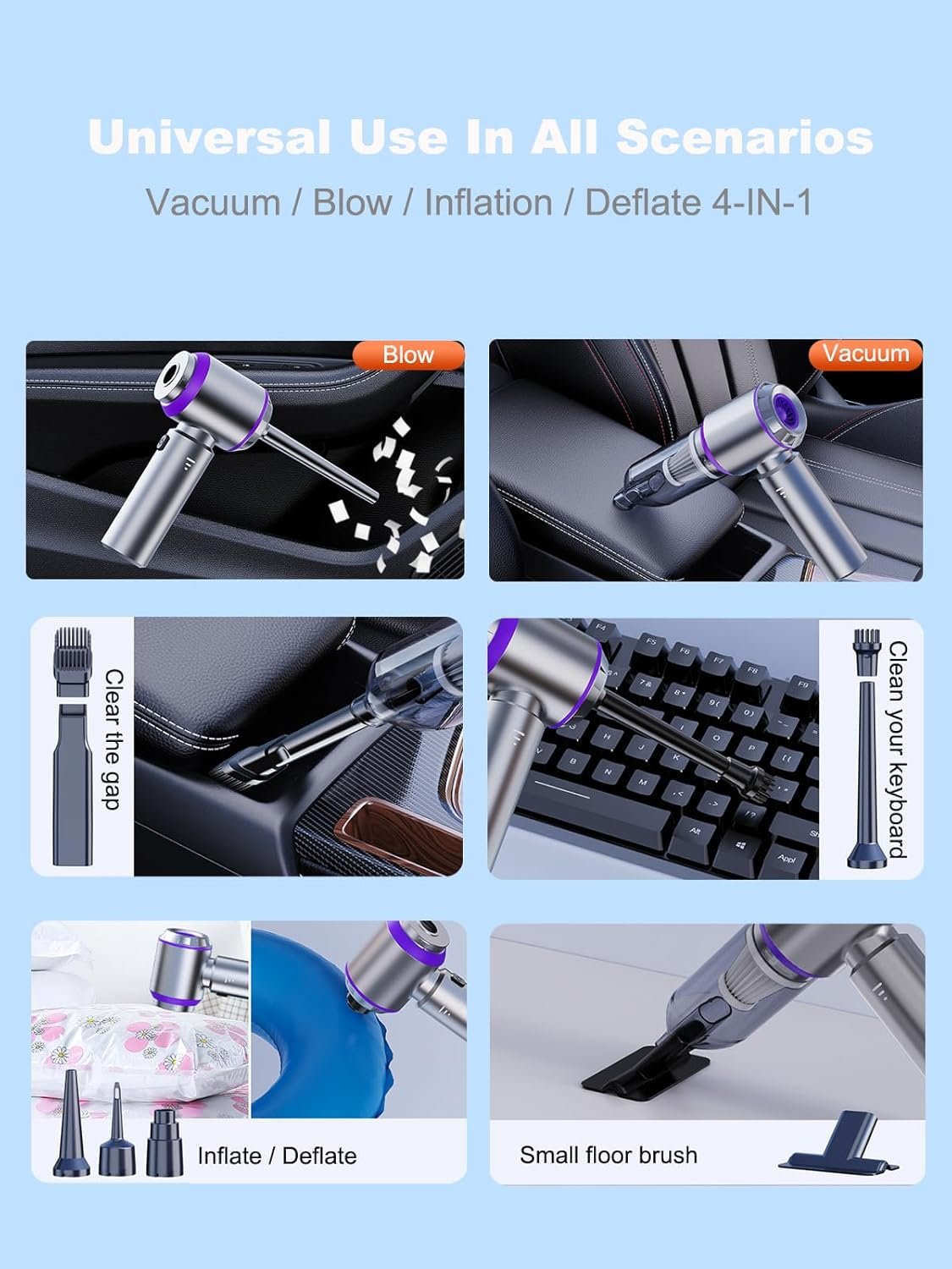 Vacuum/Air Duster 80,000RPM Super Power Mini Car Vacuum Cleaner 4-in-1 air Blower Gun Air Duster & Air Blower & Pump Hand Electric air Duster Handheld dust Blower Blower Cordless (Purple) - Image 5