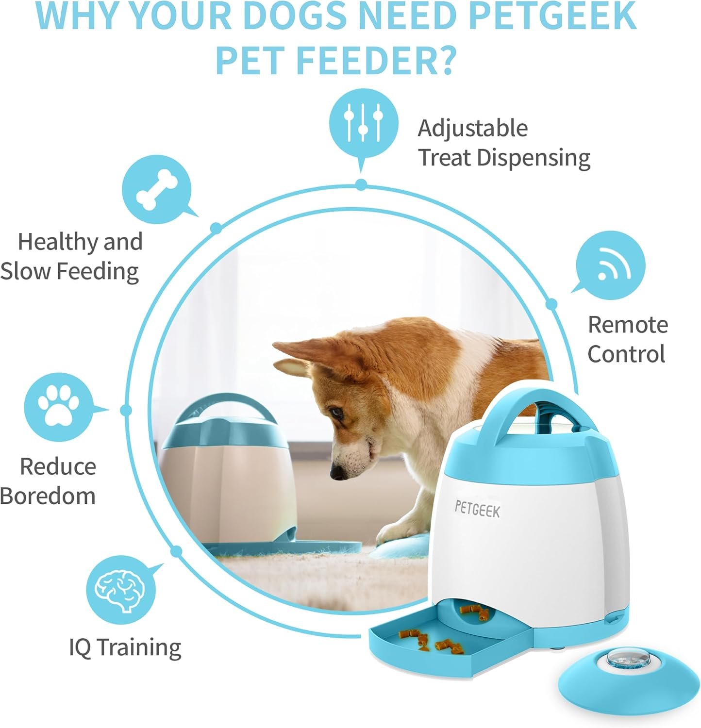 PETGEEK Dog Treat Dispenser with Button, Automatic Dog Feeder with Remote Control and Dual Power Supply, Dogs Puzzle Toys and Interactive Pet Stimulation Toys for Indoor/Outdoor Play (Blue) - Image 2