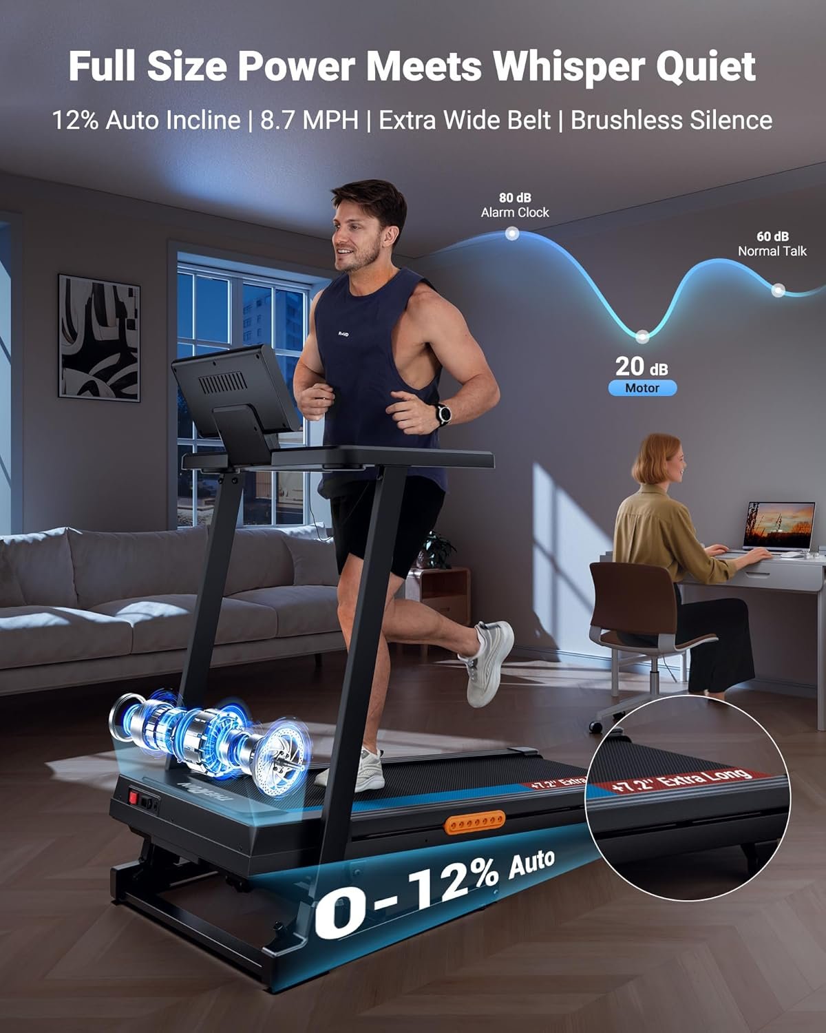 THERUN Treadmill with Incline, 3.0 HP Foldable Treadmills for Home, Brushless Motor Auto Incline Treadmill, 12 Level Adjustable, 300 LBS Capacity, Quiet Running - Image 2