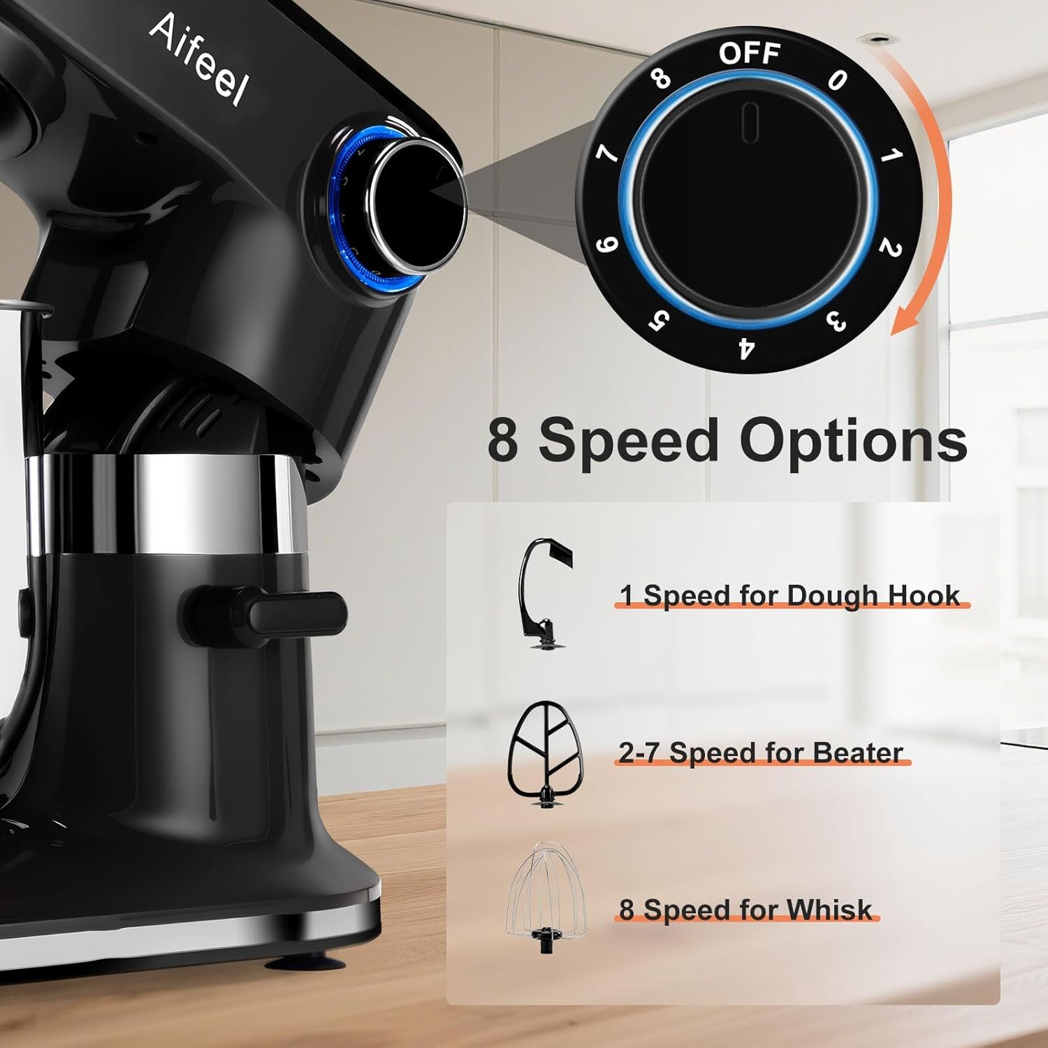Aifeel 10.5 QT Stand Mixer,900W Electric Food Dough Mixer,Large Capacity Tilt-Head Kitchen Electric Mixer with Dough Hook,Beater,Whisk & Splash Guard,Dishwasher-Safe Attachments for Baking(Black) - Image 4