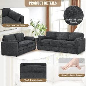 89“ & 69” Chenille Sofa Set w/Plump Armrest Pillows, 2 Seats and 3 Seats Couch with Deeper Seat Space, 2 Pieces Modern Sofa Set with Thicker Seat Cushions for Living Room, Grey