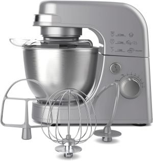 Hamilton Beach Electric Stand Mixer, 4 Quarts, Dough Hook, Flat Beater Attachments, Splash Guard 7 Speeds with Whisk, Silver