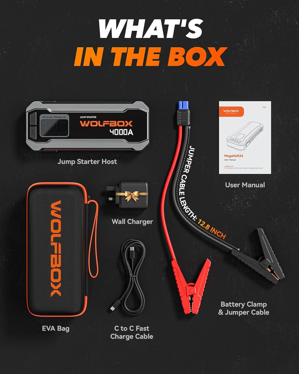 WOLFBOX MV24 4000A Jump Starter,12V Car Booster Pack with 65W Quick Charger,LED Display,24000mAh Portable Jump Starter Battery (10L Gas 10L Diesel Engine) with LED Light,Jumper Cables - Image 6