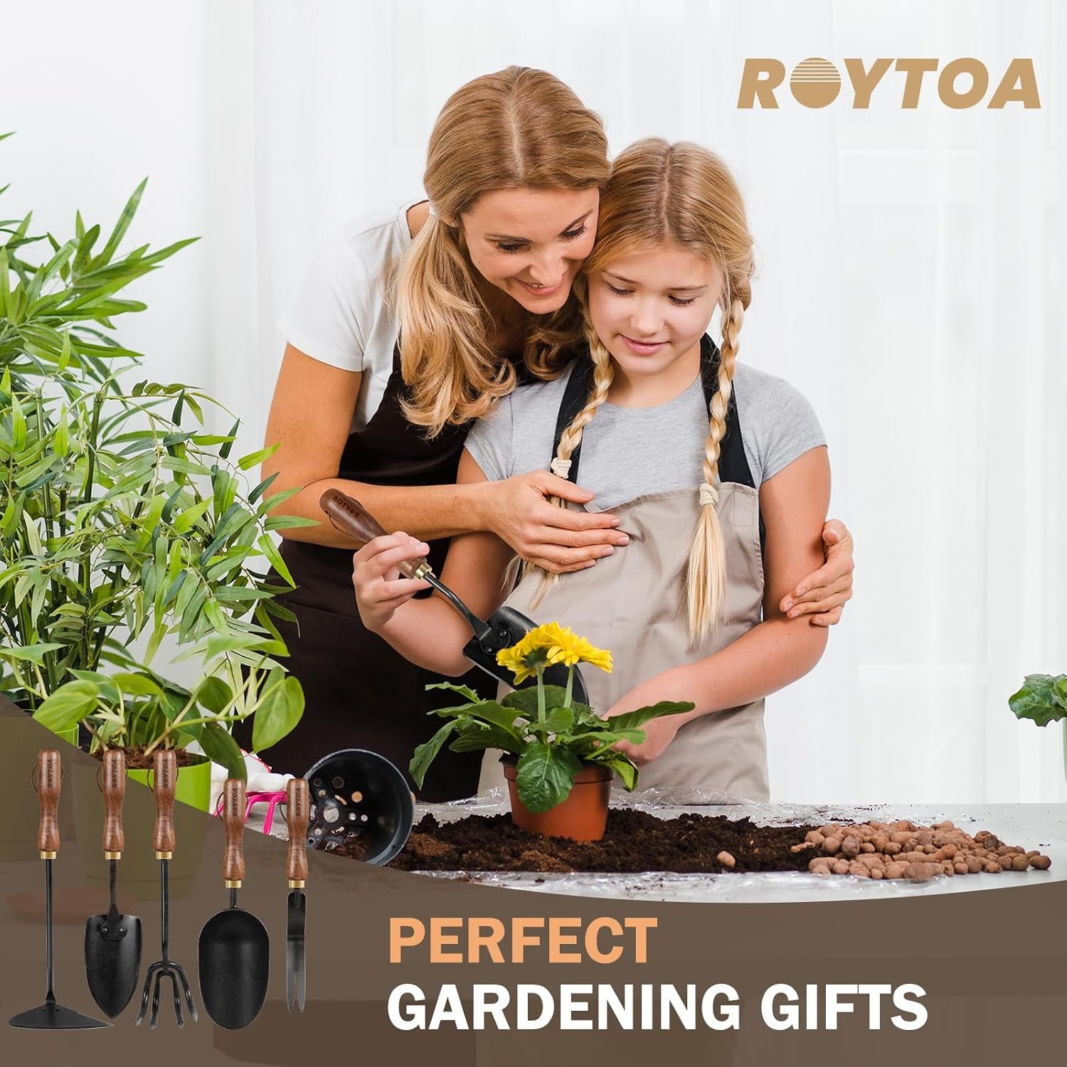 Garden Tool Set, 5PCS Gardening Tools, Stainless Steel Heavy Duty Hand Cultivator, Hoes, Shovel, Trowel and Weeder with Ergonomic Walnut Handle, Gardening Gifts for Women - Image 5
