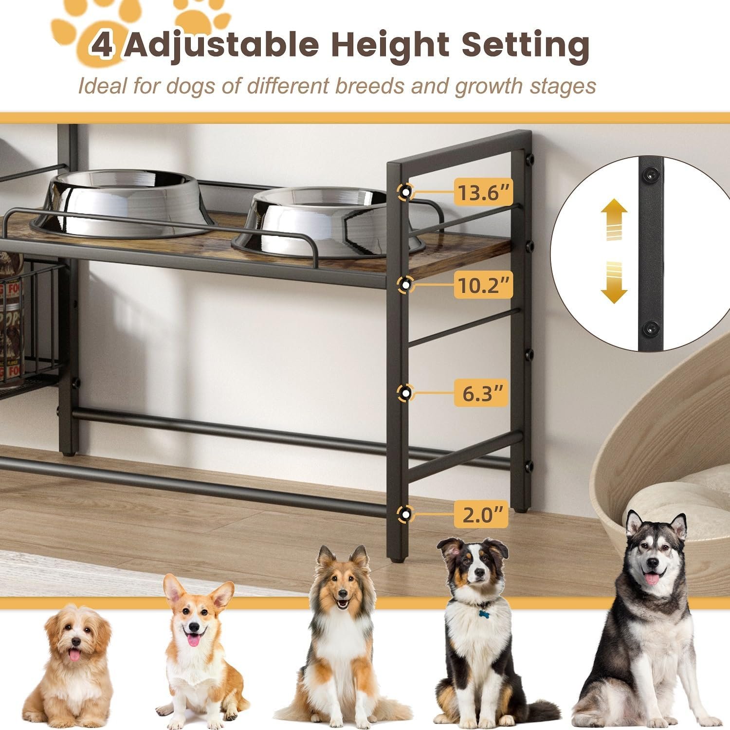 Elevated Dog Bowl Stand with 2 Feeding Stations, Adjustable Raised Feeding Station Cabinet with Toy Bin Basket, Lifted Food and Water Bowl Holder, Pet Storage Organizer for Large Medium Small Dogs - Image 4