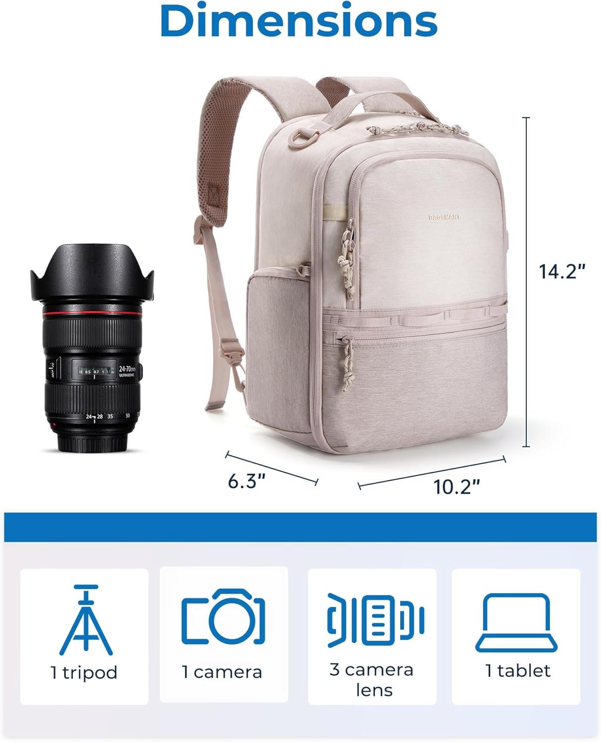 BAGSMART Camera Backpack, DSLR SLR Small Camera Bags for Photographers Compatible for Sony Canon Nikon, Shoulder Strap 2-in-1 Travel Backpack Fits 12.9" iPad, Beige - Image 6