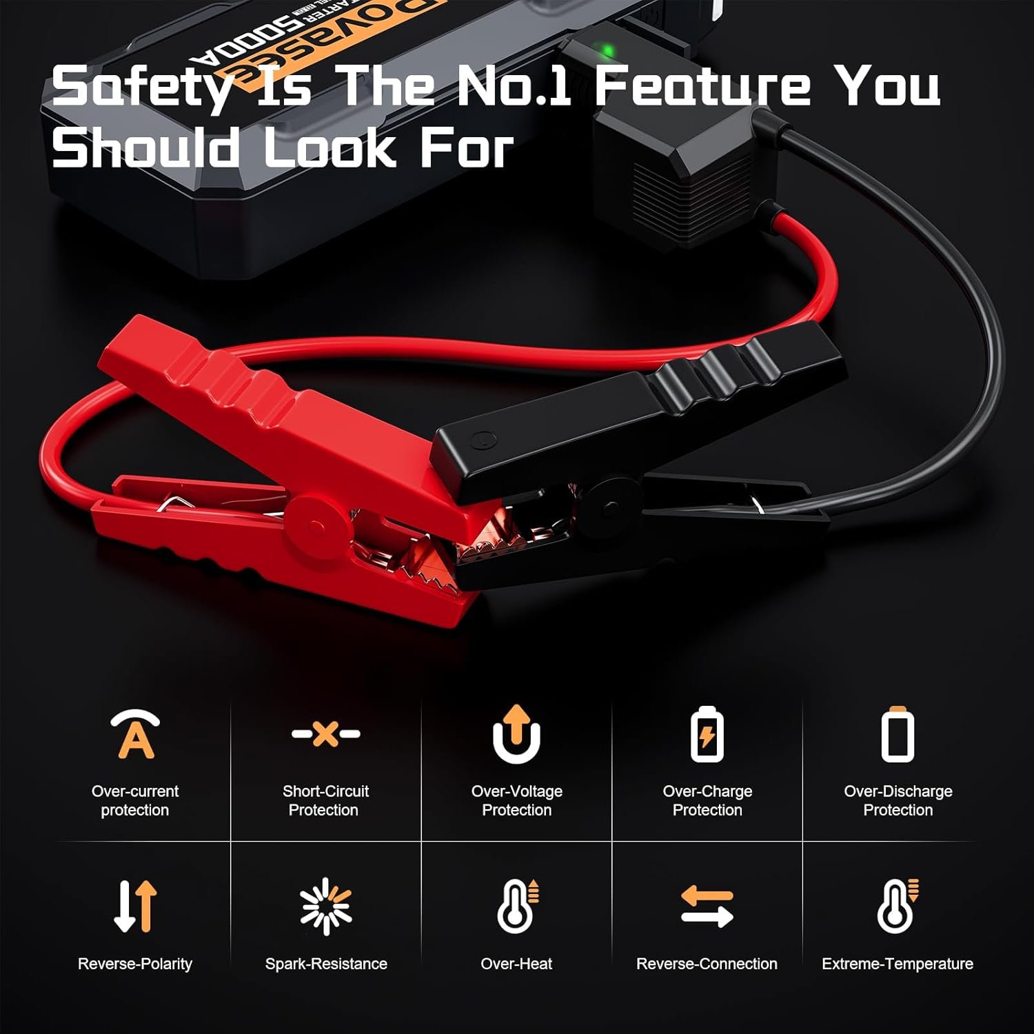5000A Jump Starter Povasee A40 Car BatteryJump Starter, 12V Jump Box for Car Up to All Gas or 10L Diesel Engine Battery Jumper Starter Portable with 3" LCD Display Power Bank/Dual Output/LED Light - Image 7