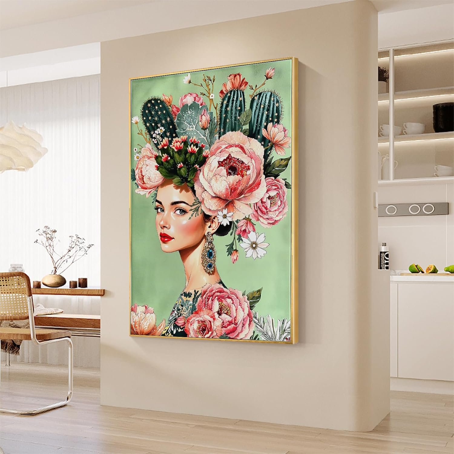 YPGEAME Large Handmade Portrait Wall Picture Woman with Cactus Headdress, Emerald Green Background, Floral Bohemian Decoration, Wooden Framed Painting for Living Room (80 × 120 cm) (Pink) - Image 5